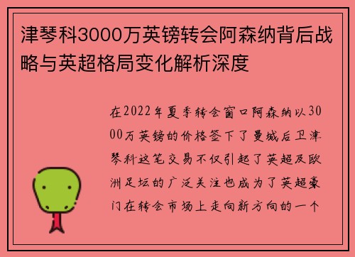 津琴科3000万英镑转会阿森纳背后战略与英超格局变化解析深度