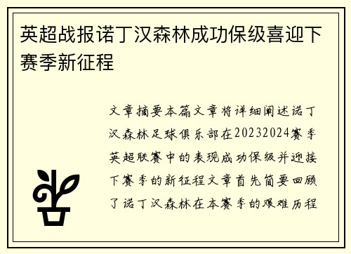 英超战报诺丁汉森林成功保级喜迎下赛季新征程